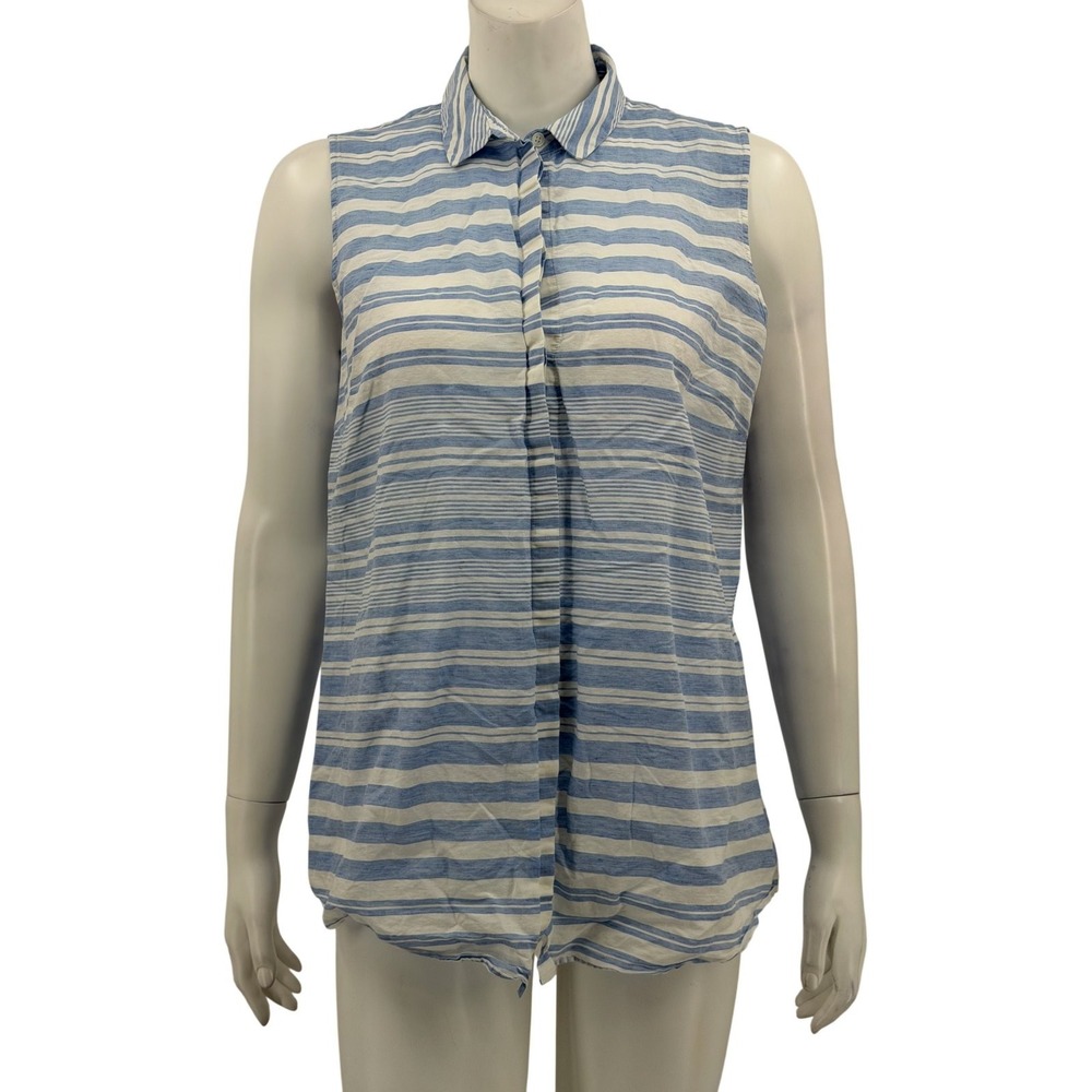 Lafayette 148 Top Womens Medium Blue Stripe Sleeveless Button Up Preppy Coastal
